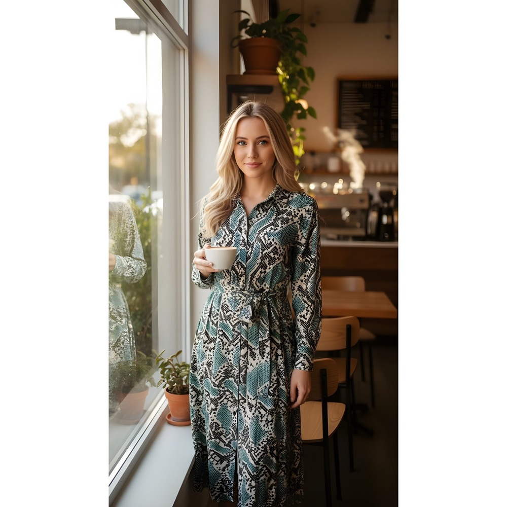 Topshop dress Sz 8 green white snakeskin‎ pleated side slits Midi long sleeve